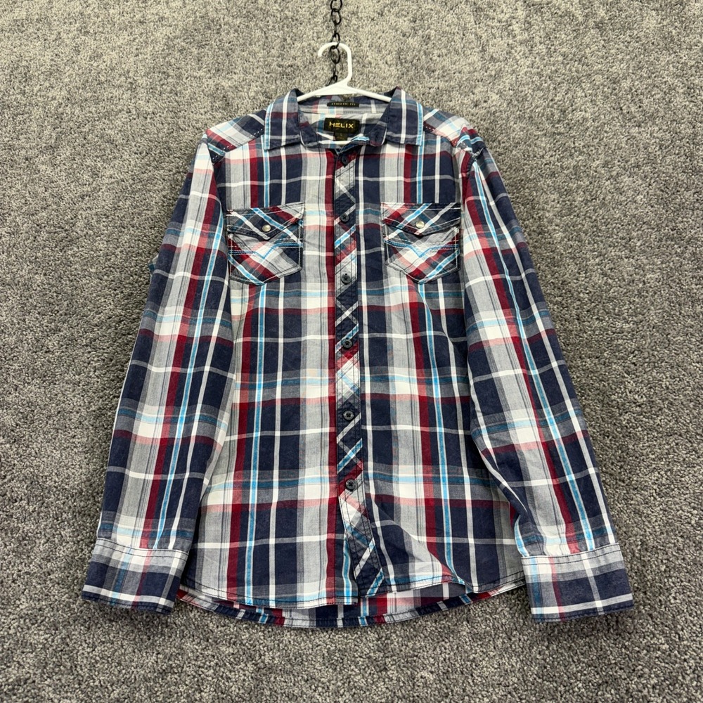 Helix Button Down Mens L Blue Plaid Athletic Fit